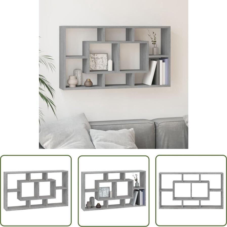 VidaXL Wandschap 8 vakken grijs sonoma Wandkast Wandplank Grijze Kast Houten Wanddecoratie Opbergvakken