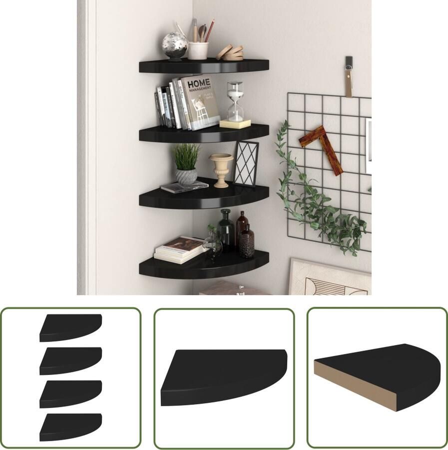 VidaXL Hoekschappen zwevend 4 st 35x35x3 8 cm MDF zwart Zwevende Hoekschappen Wandplank Mdf Kast Zwarte Hoekschalen Minimalistische Decoratie