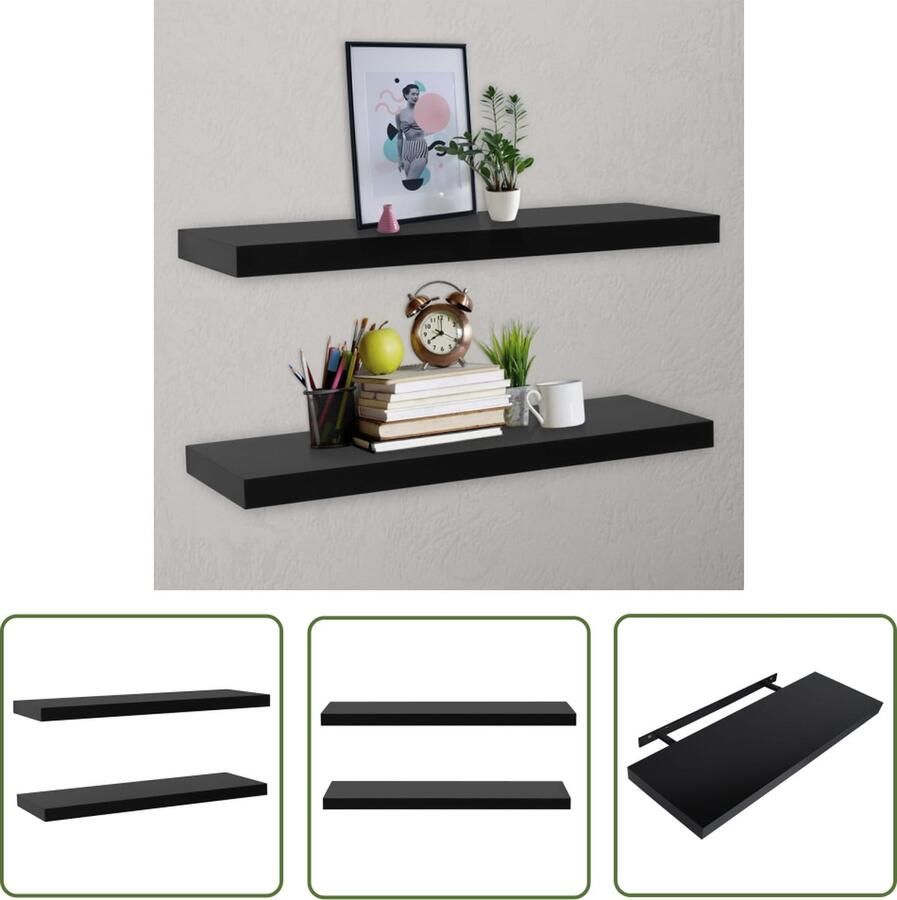 The Living Store Wandschappen zwevend 2 st 120x20x3 8 cm zwart Zwevende Wanden Wanddecoratie Zwarte Wandplank Mdf Wandplank Opbergwand