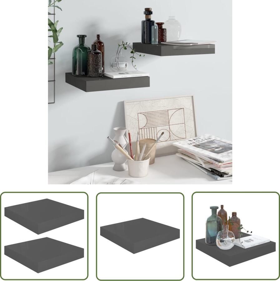 VidaXL Wandschappen zwevend 2 st 23x23 5x3 8 cm MDF hoogglans grijs Zwevende Wandschappen Wandplank Grijze Wanden Mdf Kast Minimalistisch Wonen