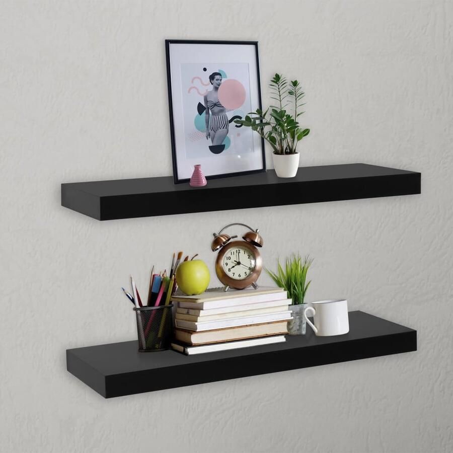 The Living Store Wandschappen zwevend 2 st 60x20x3 8 cm zwart Zwevende Wandschaps Wanddecoratie Wandplank Mdf Plank Black Shelf - Foto 2