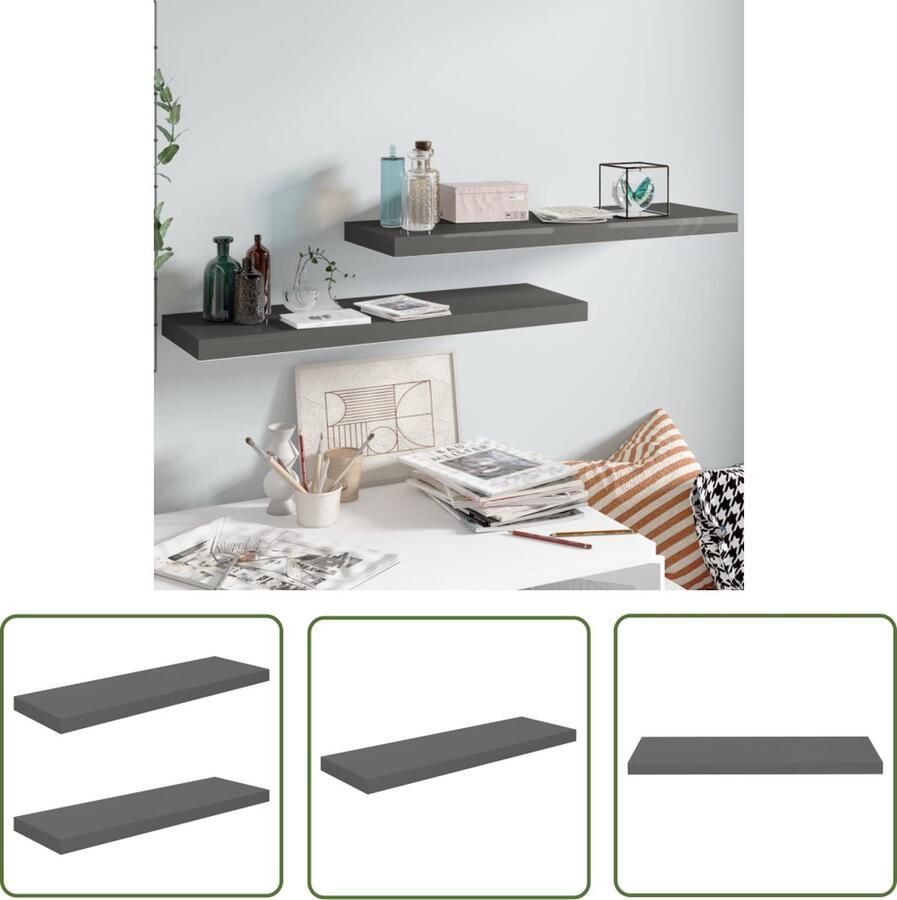 The Living Store Wandschappen zwevend 2 st 80x23 5x3 8 cm MDF hoogglans grijs Wandplank Wandendecoratie Woonaccessoires Mdf Plank Grijze Wandplank