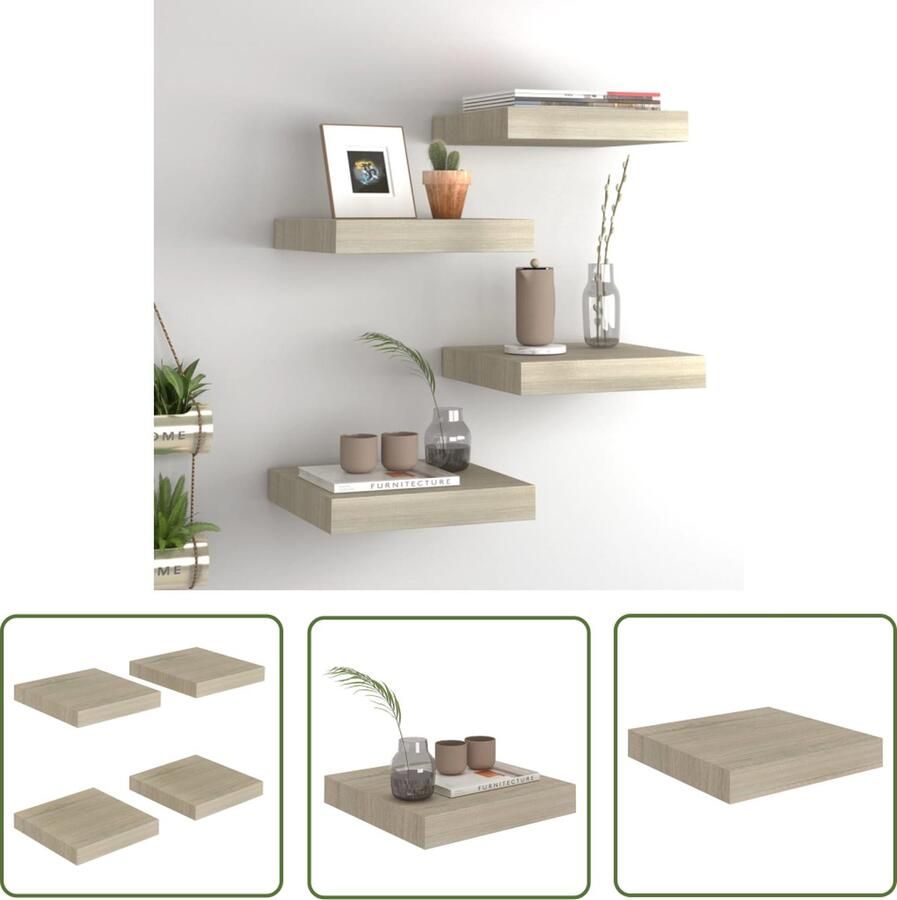The Living Store Wandschappen zwevend 4 st 23x23 5x3 8 cm MDF eikenkleurig Wandplank Zwevende Wandplank Houten Wandplank Eiken Wandplank Salondecoratie