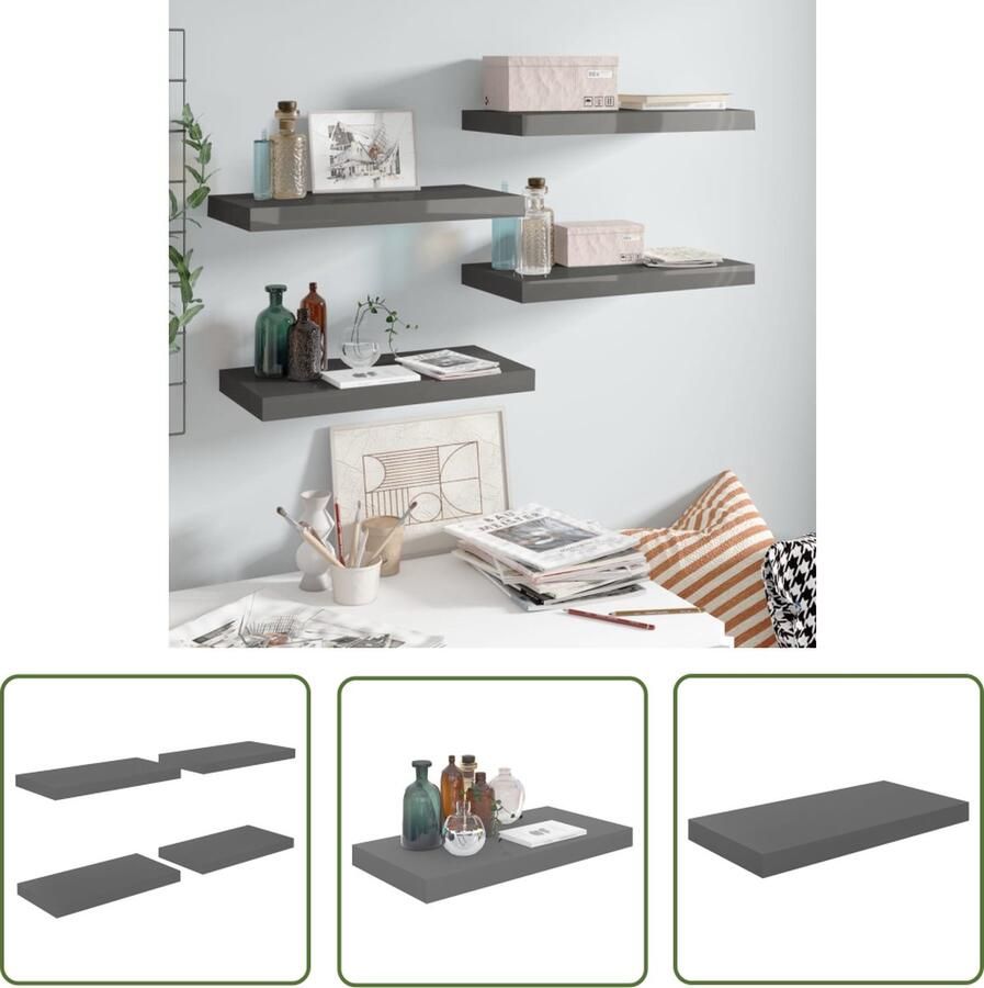 The Living Store Wandschappen zwevend 4 st 50x23x3 8 cm MDF hoogglans grijs Wanddecoratie Zwevende Planken Mdf Wandplank Houten Wandplank Grijze Wandplank