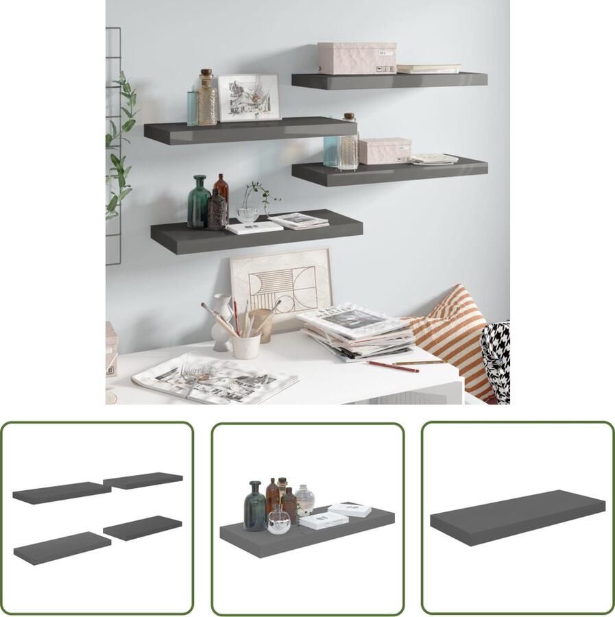 The Living Store Wandschappen zwevend 4 st 60x23 5x3 8 cm MDF hoogglans grijs Wandplank Wandendecoratie Woonaccessoires Opslagoplossing Mdf Plank