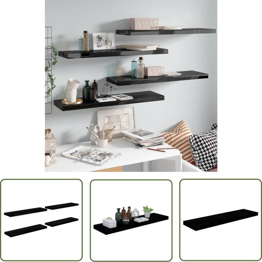 The Living Store Wandschappen zwevend 4 st 90x23 5x3 8 cm MDF hoogglans zwart Wandplank Zwevende Plank Honingraat Mdf Metaal Zwarte Wanddecoratie