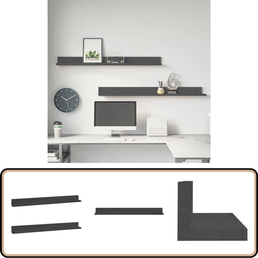 VidaXL Wandplanken 2 stuks Grenenhout Grijs Zwevende Wandenplank Wandkast Grenoble Hout Grijze Kast Interieurdecoratie