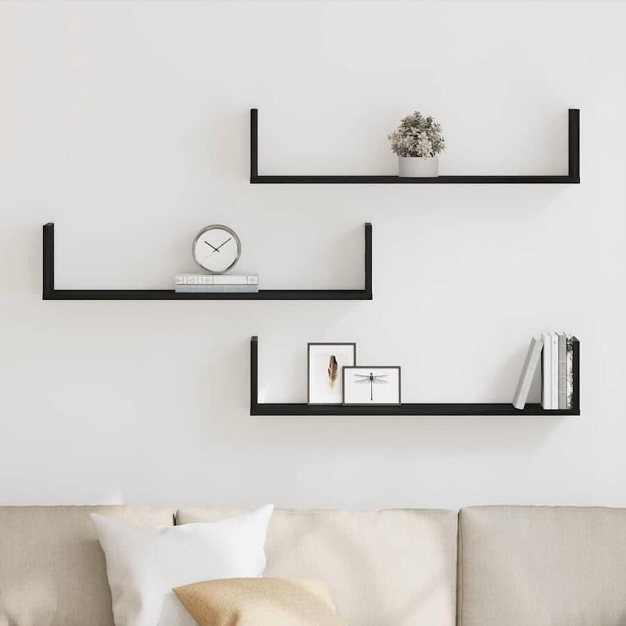 VidaXL Wandplanken 3 stuks Zwart Eiken 80x18x18 cm Bewerkt Hout