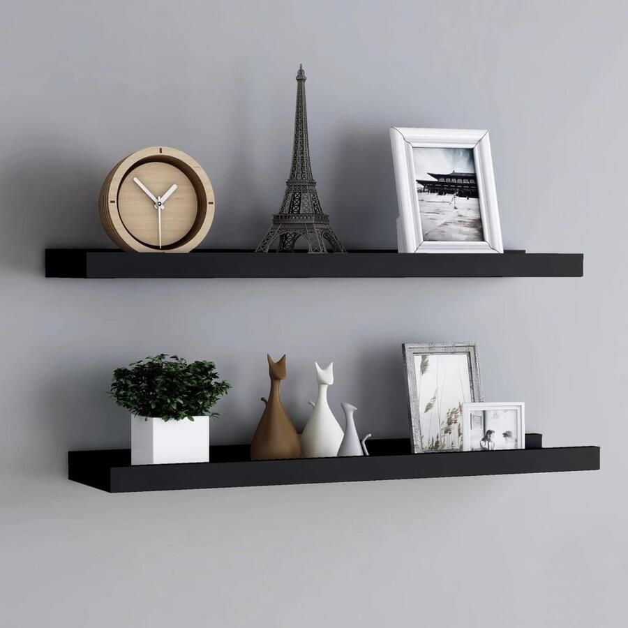 The Living Store Fotoplanken 2 st 80x9x3 cm MDF zwart Fotoplank Wanddecoratie Zwarte Wandplanken Mdf Plank Zwevende Plank