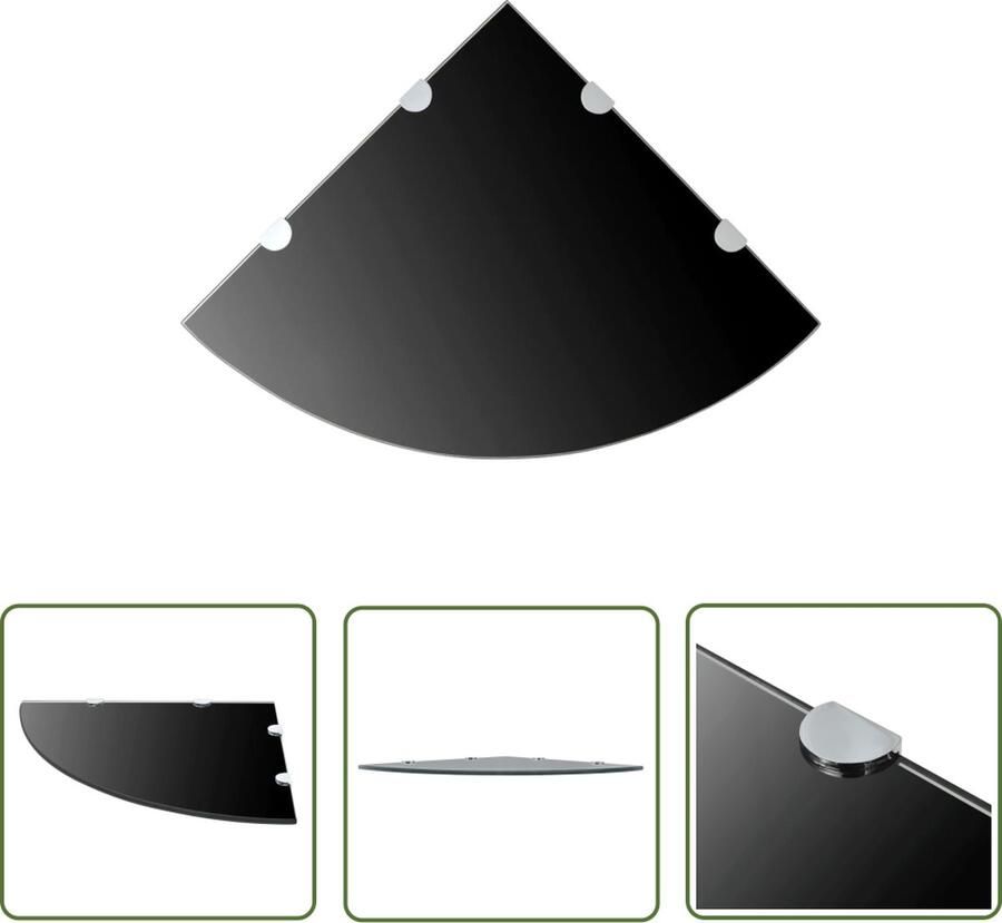 The Living Store Hoekschap met chromen dragers zwart 45x45 cm glas Hoekschap Wandplank Glazen Kast Zwarte Wanddecoratie Modern Design