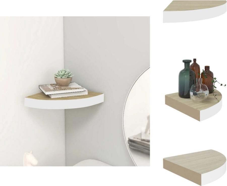 The Living Store Hoekwandschap 35x35x3 8 cm MDF eikenkleurig en wit Hoekplank Wandplankje Meubilair Woonaccessoires Eiken Kleur