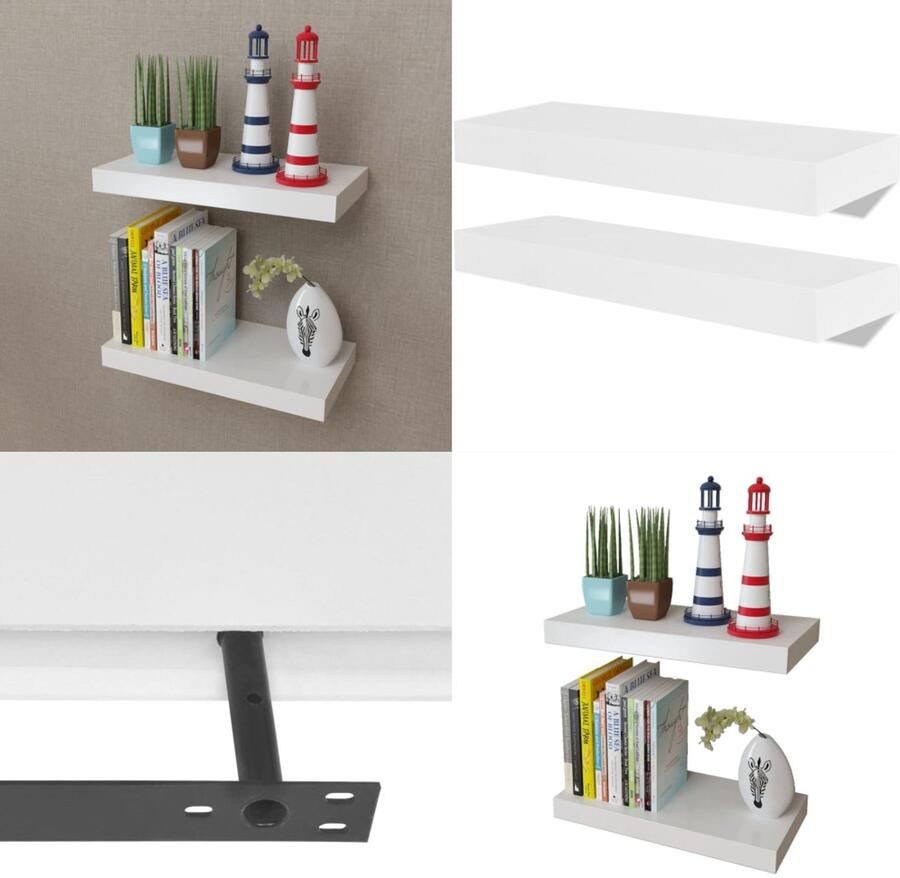 The Living Store Wandplanken MDF zwevend voor boeken dvd wit 2 st Wandplank Hangend Rek Mdf Wandplank Witte Wandplank Minimalistisch Design