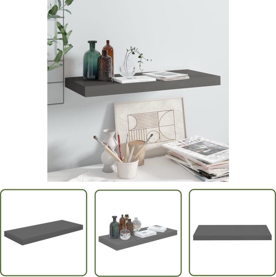 VidaXL Wandplanken Wanddecoratie Wandschap zwevend 60x23 5x3 8 cm MDF hoogglans grijs Minimalistisch Wonen Modern Interieur Opslagoplossing