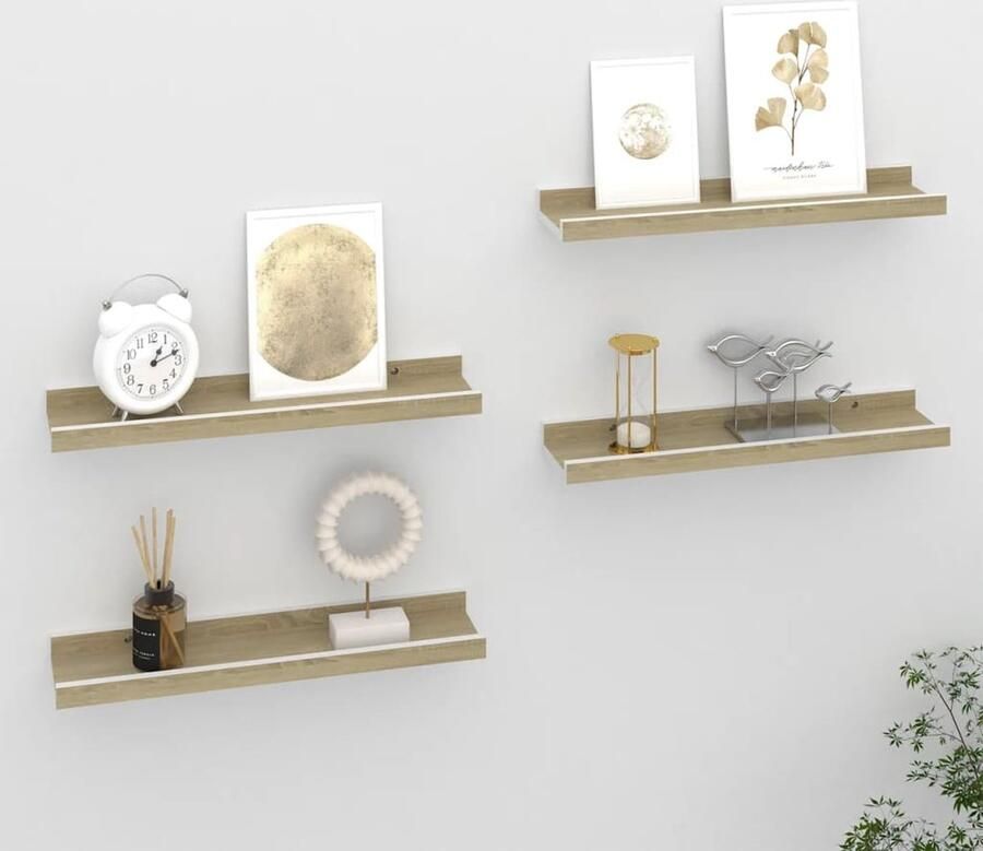The Living Store Wandschappen 4 st 40x9x3 cm wit en sonoma eikenkleurig Wanddecoratie Mdf Wandplank Hangplankje Opbergmogelijkheden Wit Meubilair