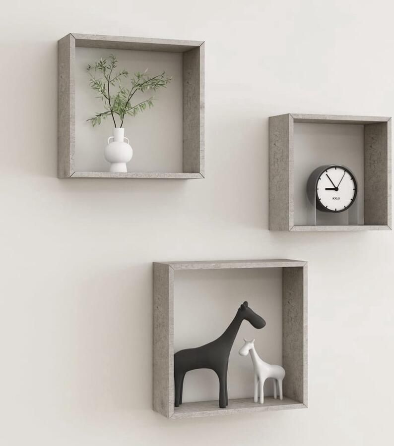 The Living Store Wandschappen kubus 3 st betongrijs Wanddecoratie Kubusschalen Hangend Rek Opbergruimte Mdf Wandplank