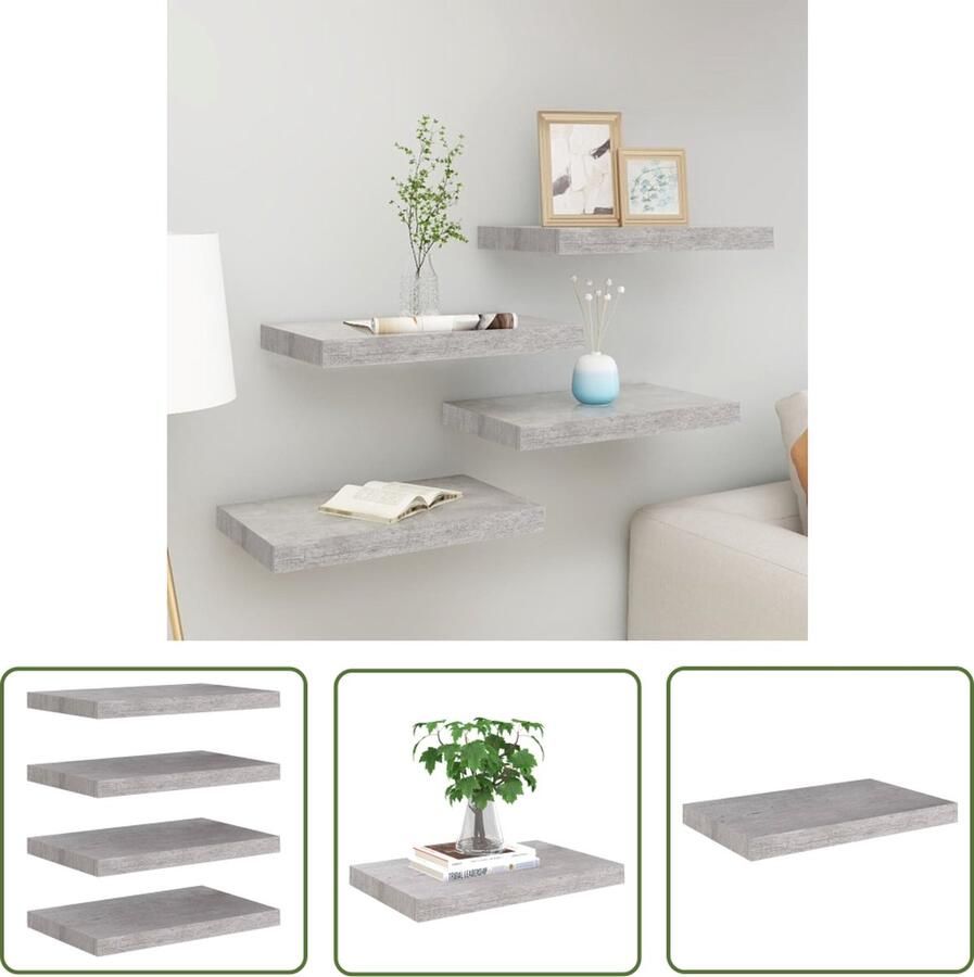 The Living Store Wandschappen zwevend 4 st 50x23x3 8 cm MDF betongrijs Wanddecoratie Wandplank Zwevende Plank Houten Wandrek Metalen Wandrek