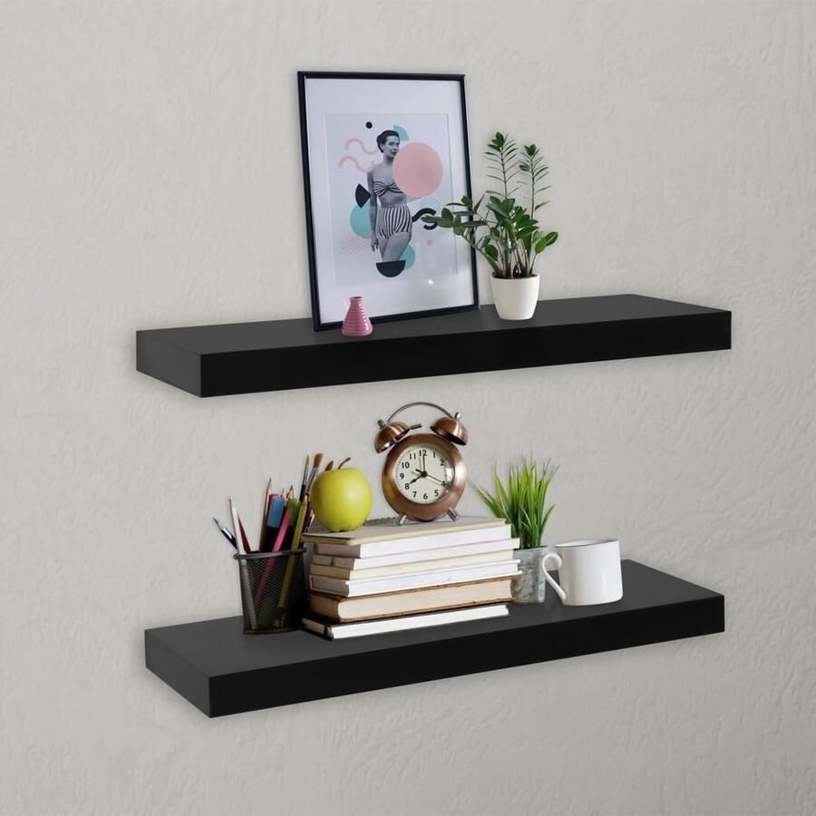 The Living Store Wandplanken zwevend 2 st 40x20x3 8 cm zwart Zwevende Wandplanken Wanddecoratie Zwarte Wandplanken Mdf Wandplanken Wandrekken