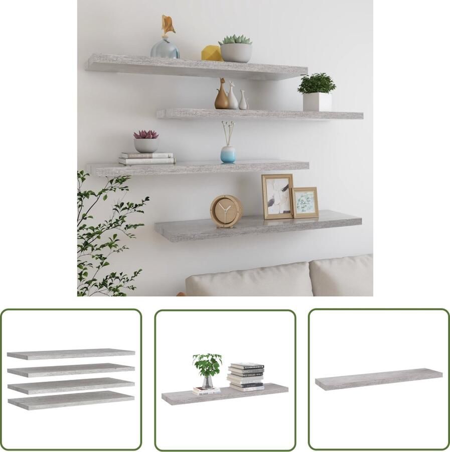 VidaXL Wandplanken Zwevende Wandplank Wandschappen zwevend 4 st 90x23 5x3 8 cm MDF betongrijs Mdf Wandplank Grijze Wandplank Minimalistisch Wandrek