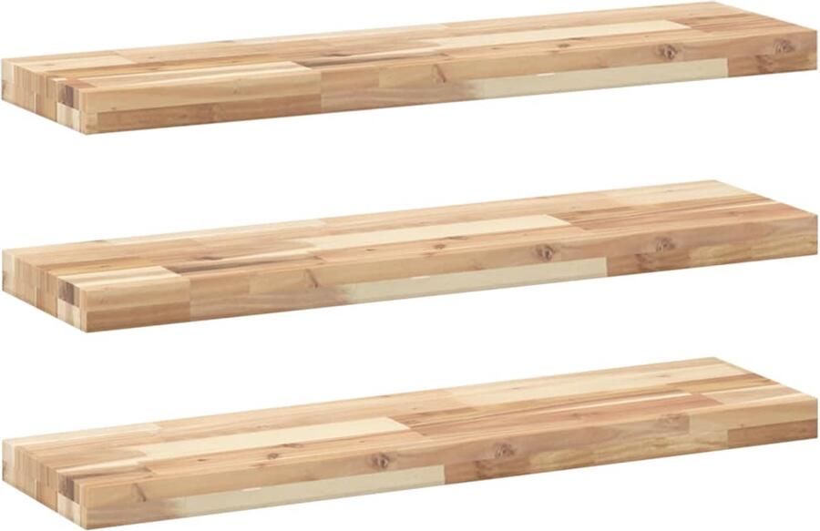 The Living Store Wandschappen 3 st zwevend 100x20x4 cm onbehandeld acaciahout Zwevende Wandplank Wanddecoratie Houten Wandplank Acaciahout Salontafel