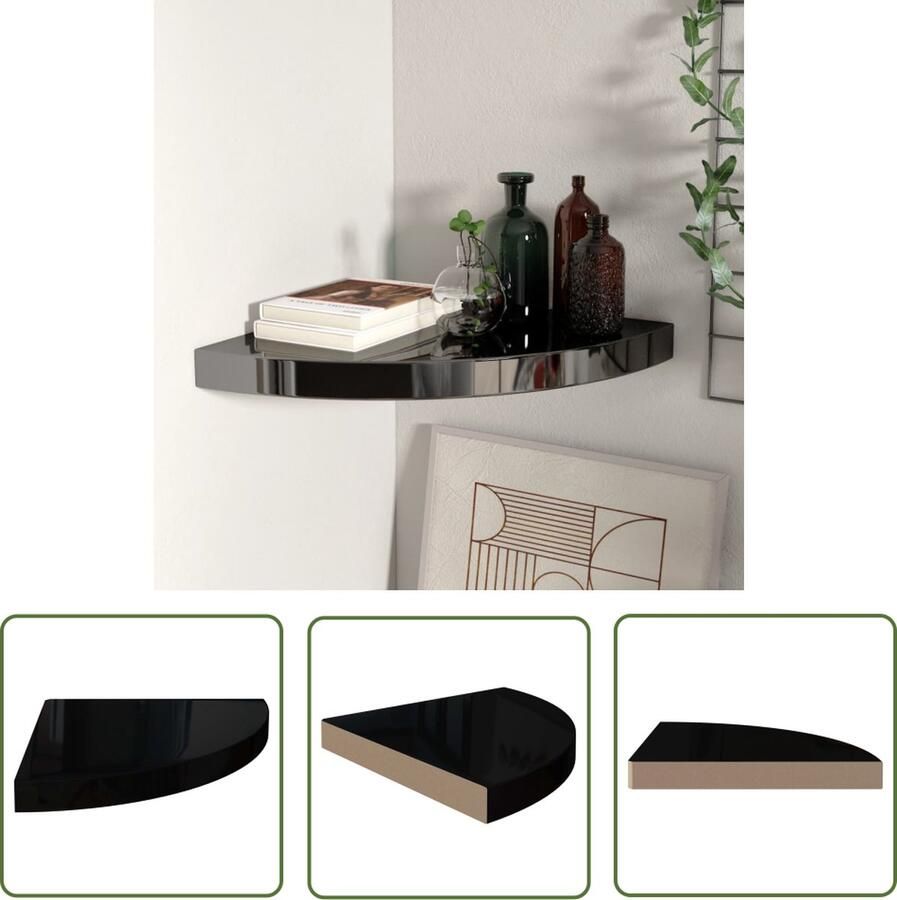 VidaXL Hoekschap zwevend 35x35x3 8 cm MDF hoogglans zwart Hoekschap Wandplankje Zwevend Plank Mdf Plank Zwarte Kast