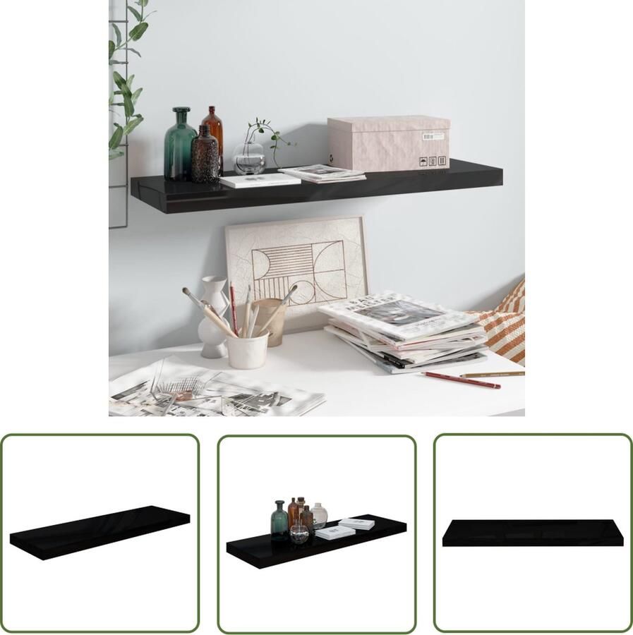 The Living Store Wandschap zwevend 80x23 5x3 8 cm MDF hoogglans zwart Wandplankje Zwevende Plank Zwarte Wandplank Houten Wandplank Modern Wanddecoratie