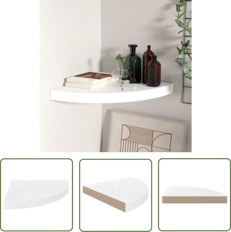 VidaXL Hoekschap zwevend 35x35x3 8 cm MDF hoogglans wit Zwevend Hoekschap Wandplankje Witte Kast Mdf Plank Minimalistisch Design - Foto 2
