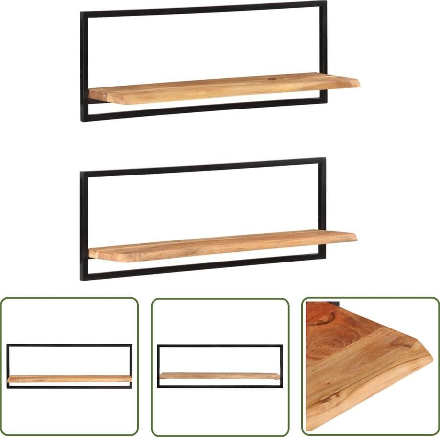 The Living Store Wandschappen 2 st 100x24x35 cm massief acaciahout en staal Houten Wandplanken Wanddecoratie Massief Acaciahout Staal Opbergruimte