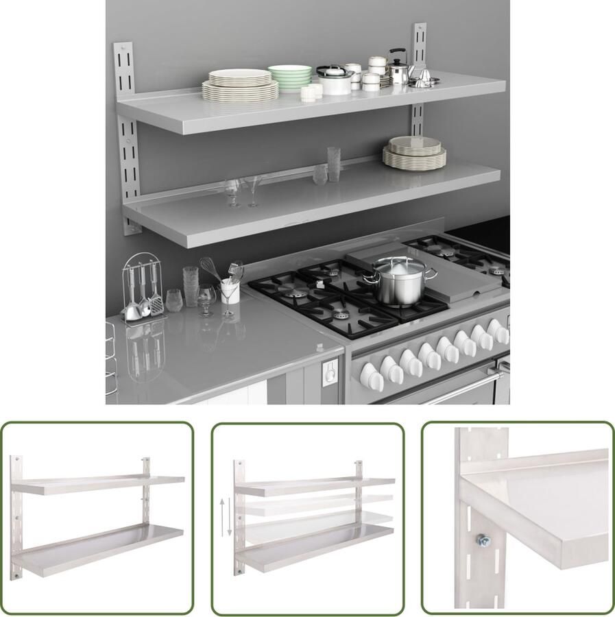VidaXL Wandrek Zwevend Schap Zwevend schap 2-laags 150x30 cm roestvrij staal Keukenopstelling Roestvrijstaal Metalen Schap
