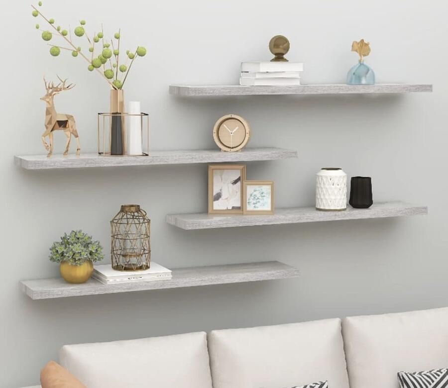 VidaXL Wandrek Zwevende Wandplank Wandschappen zwevend 4 st 120x23 5x3 8 cm MDF betongrijs Mdf Plank Beton Grijs Minimalistisch Design