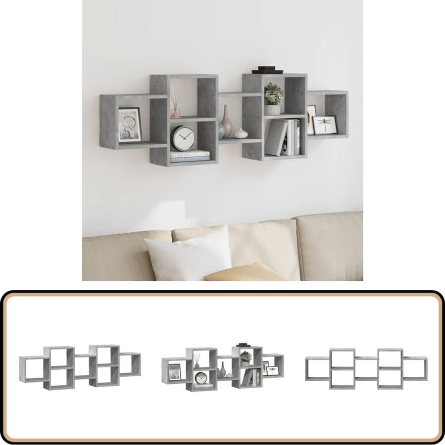 VidaXL Wandschap 129x18x42 cm Betongrijs Wandplank Houten Wandrek Opbergkast Minimalistisch Meubilair Betonnen Grijze Kast