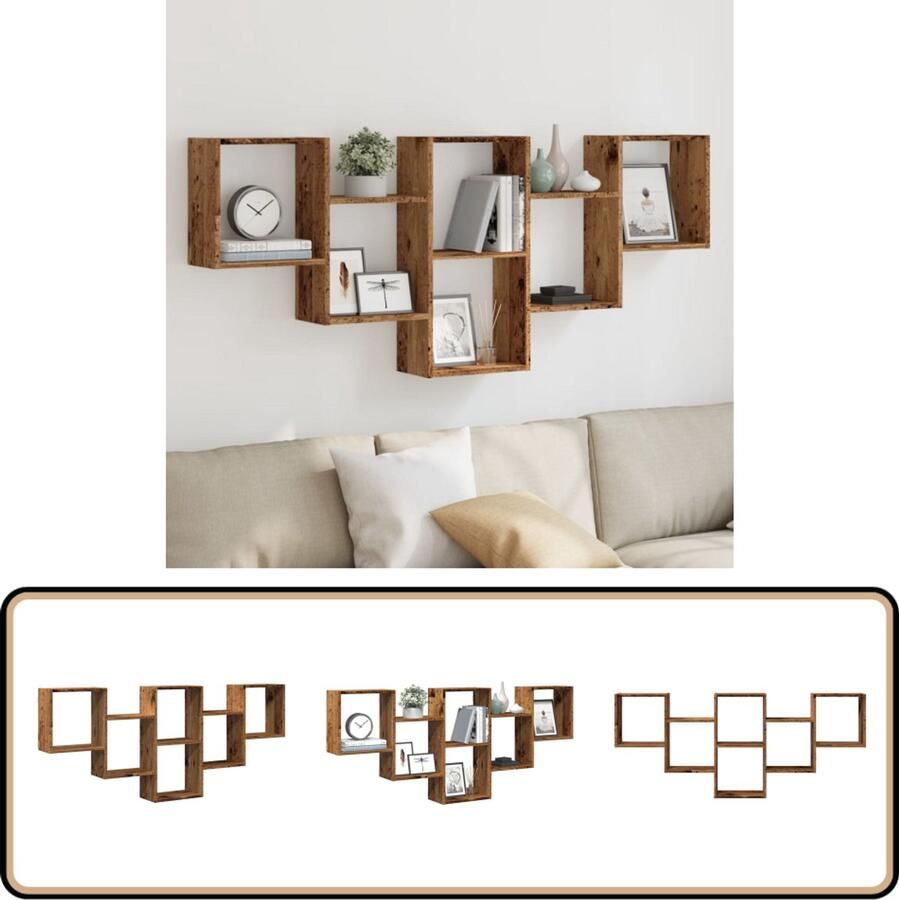 VidaXL Wandschap 159x18x66 cm Bewerkt hout Oud houtkleur Wandschappen Houten Wandplank Opbergwand Muurschaps Kastjes
