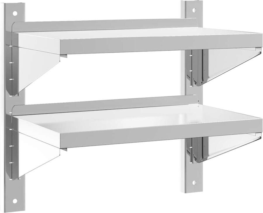 The Living Store Wandschap 2-laags 50x30x48 cm roestvrijstaal zilverkleurig Zwevend Wandschap Roestvrijstal Wandplanken Opbergruimte Ruime Opslag