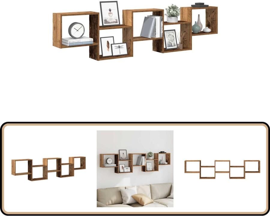 VidaXL Wandschap 5 vakken Oud Houtkleurig Wandplankje Houten Kastje Opbergkast Woonaccessoires Vintage Meubels
