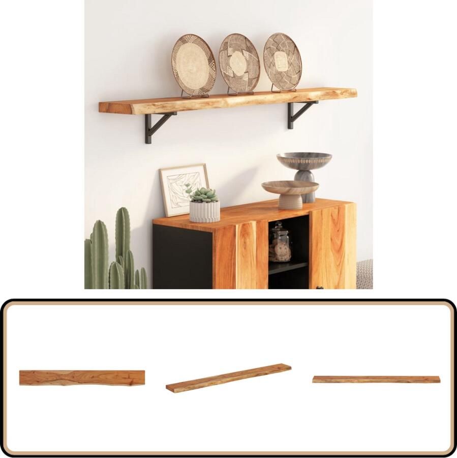 VidaXL Wanddecoratie Houten Wandplank Wandschap rechthoekig natuurlijke rand 140x20x2 5 cm acaciahout Opbergwand Vintage Wandrek Industriële Wandkast