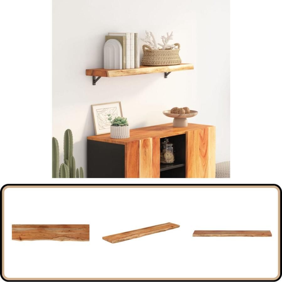 The Living Store Wandschap rechthoekig natuurlijke rand 90x20x2 5 cm acaciahout Houten Wandplank Wanddecoratie Opbergruimte Vintage Kastje Rustic Style