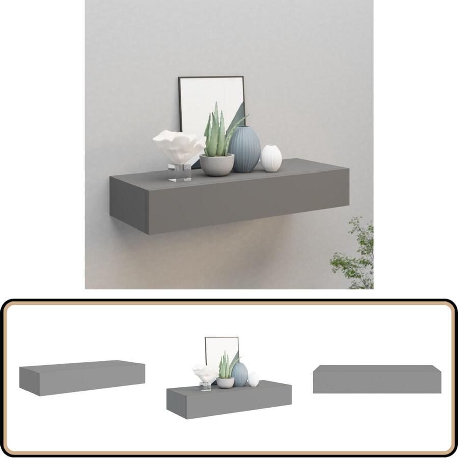 VidaXL Wandschap met lade Grijs MDF 60 cm Zwevend Schap Wandenplank Ladekast Bergruimte Livingroomdecoratie