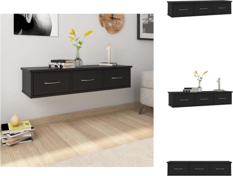 The Living Store Wandschap met lades 88x26x18 5 cm bewerkt hout zwart Wanddecoratie Wandenplank Bergruimte Kastje Opbergkast - Foto 2