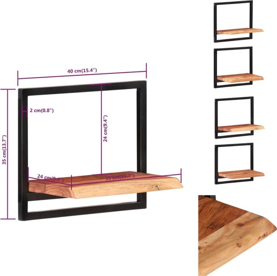 The Living Store Wandschappen 2 st 40x24x35 cm massief acaciahout en staal Wanddecoratie Wandplanken Houten Wandrek Acacia Meubels Vintage Woonaccessoires