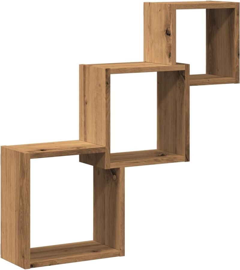 The Living Store Wandplanken kubus 68x15x68cm bewerkt hout artisanaal eikenkleur Wandplank Houten Wandplank Opbergplank Woonaccessoires Livingdecoratie