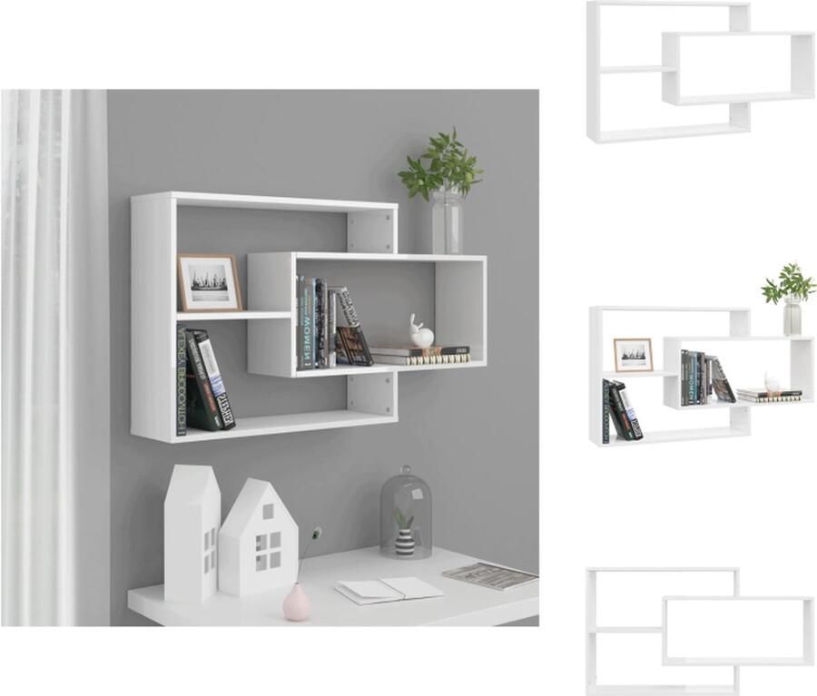 The Living Store Wandschappen 104x20x58 5 cm bewerkt hout hoogglans wit Wanddecoratie Hangend Rek Opslagruimte Wit Meubilair Houten Wandplank