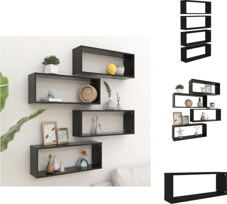 The Living Store Wandschappen kubus 4 st 60x15x23 cm bewerkt hout zwart Wanddecoratie Wandplanken Houten Wandplanken Opslagoplossing Woonaccessoires