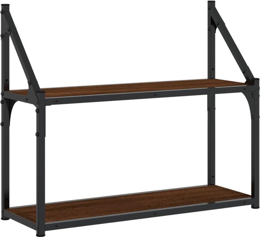 The Living Store Wandrek 2-laags 60x21x51 cm bewerkt hout bruin eikenkleur Wandrek Houten Wandrek Zwevend Wandrek Opbergruimte Woonaccessoires