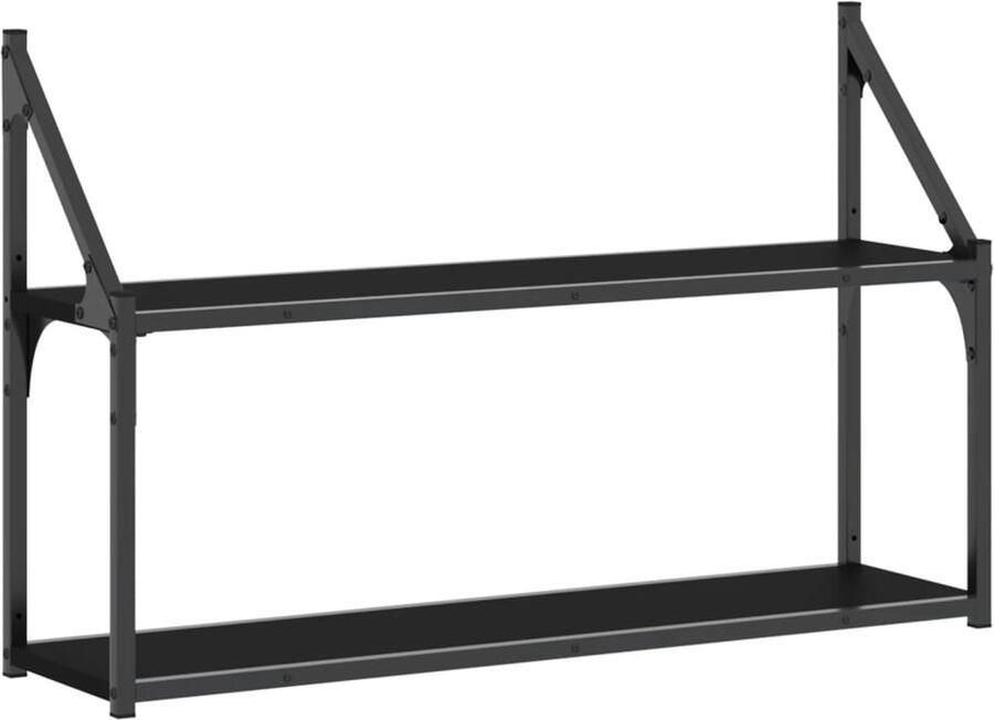 VidaXL Wandrek 2-laags 80x21x51 cm bewerkt hout zwart Wandschap Wandschappen Wandplank Wandrek