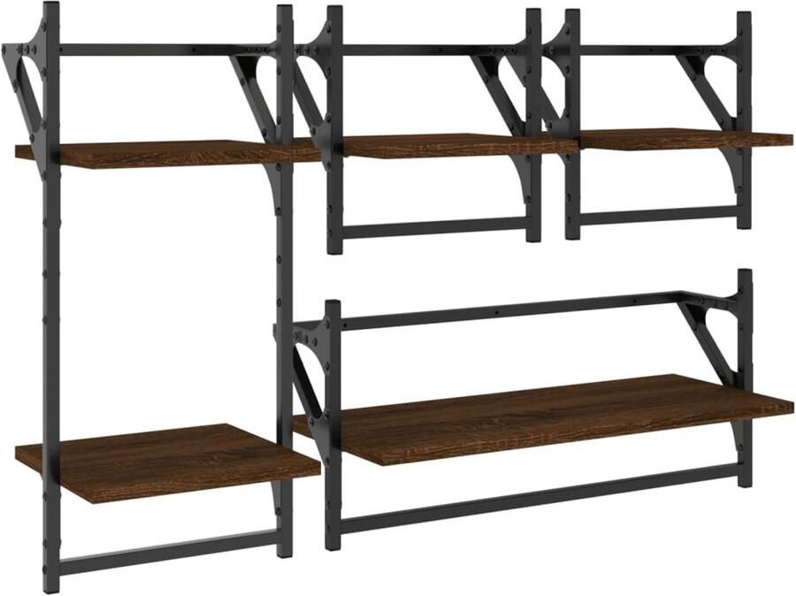 VidaXL Houten Wandplank Wandplanken 4-delige Wandschappenset met stangen bewerkt hout bruineiken Bruine Kastjes Bruine Eiken Meubilair Opbergkast