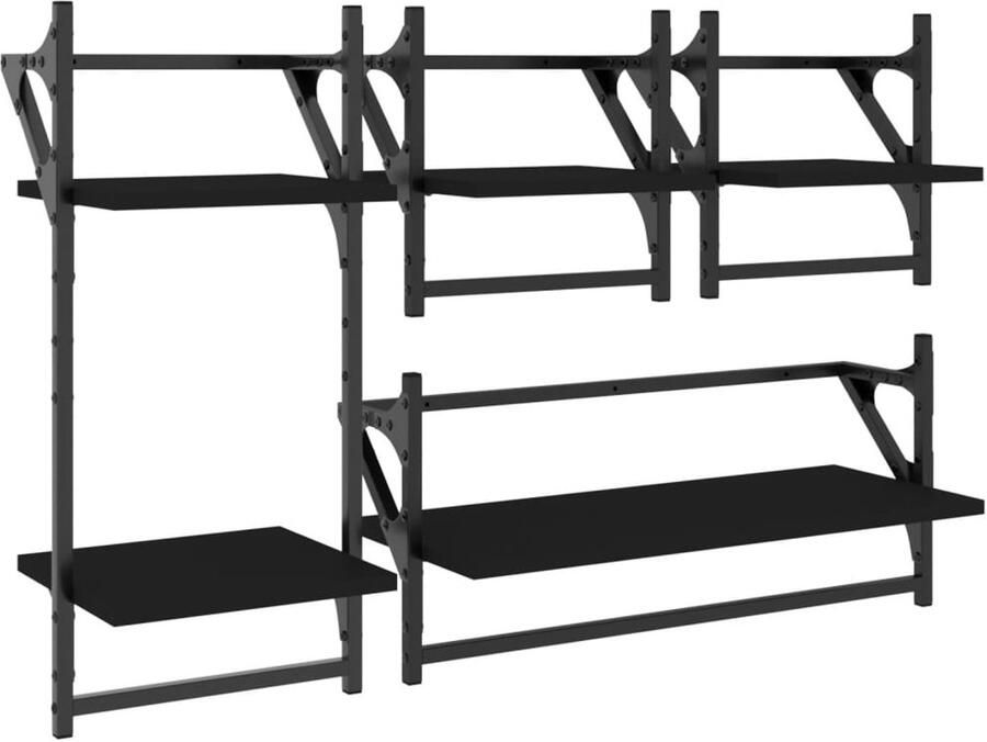 VidaXL 4-delige Wandschappenset met stangen bewerkt hout zwart Wandschap Wandschappen Wandplank Wandrek