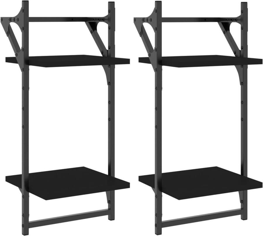 VidaXL Wandschappen 2-laags met stangen 2 st 30x25x65 cm zwart Wandschap Wandschappen Wandplank Wandrek