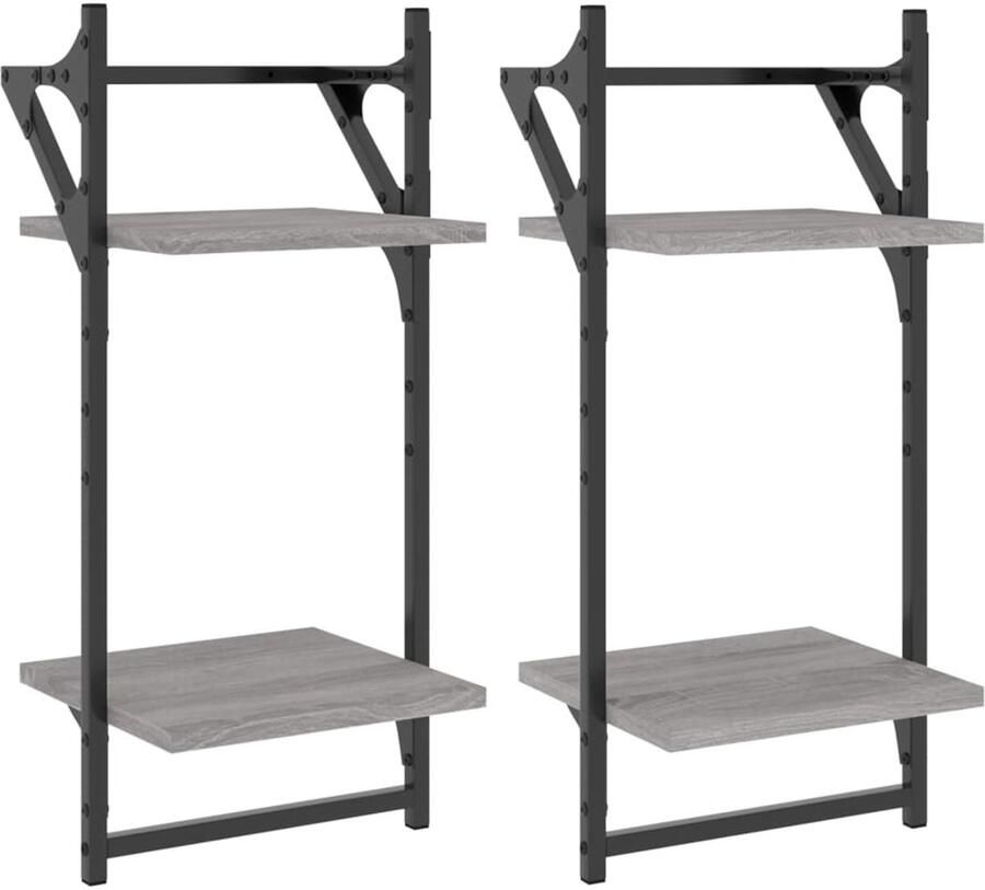 VidaXL Wandschap Wandschappen Wandplank Wandrek Wandschappen 2-laags met stangen 2 st 30x25x65 cm grijs sonoma