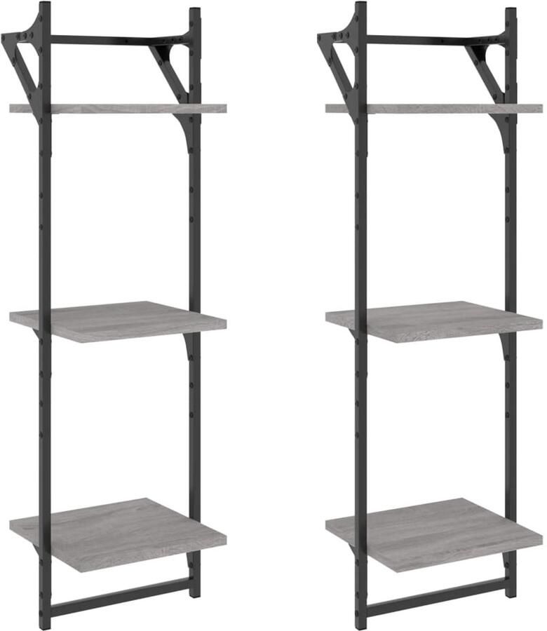 VidaXL Wandschappen 3-laags met stangen 2 st 30x25x100 cm grijs sonoma Wandschap Wandschappen Wandplank Wandrek