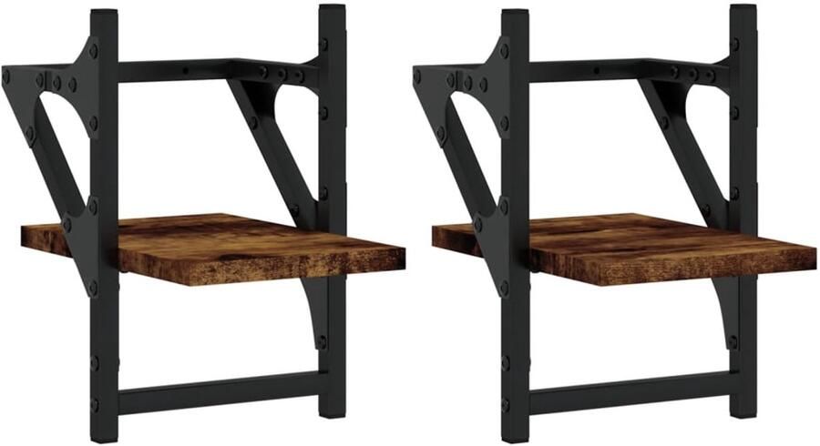 VidaXL Wandschappen met stangen 2 st 20x25x30 cm gerookt eikenkleurig Wandschap Wandschappen Wandplank Wandrek