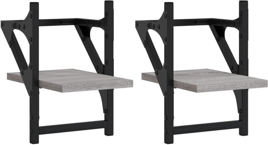 The Living Store Wandschappen met stangen 2 st 20x25x30 cm grijs sonoma eiken Wanddecoratie Wandplanken Houten Wandplank Grijze Wandplank Woonaccessoires